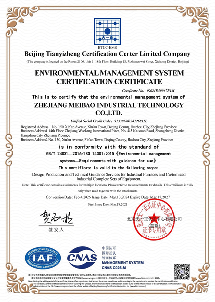 CHINA Zhejiang Meibao Industrial Technology Co.,Ltd zertifizierungen